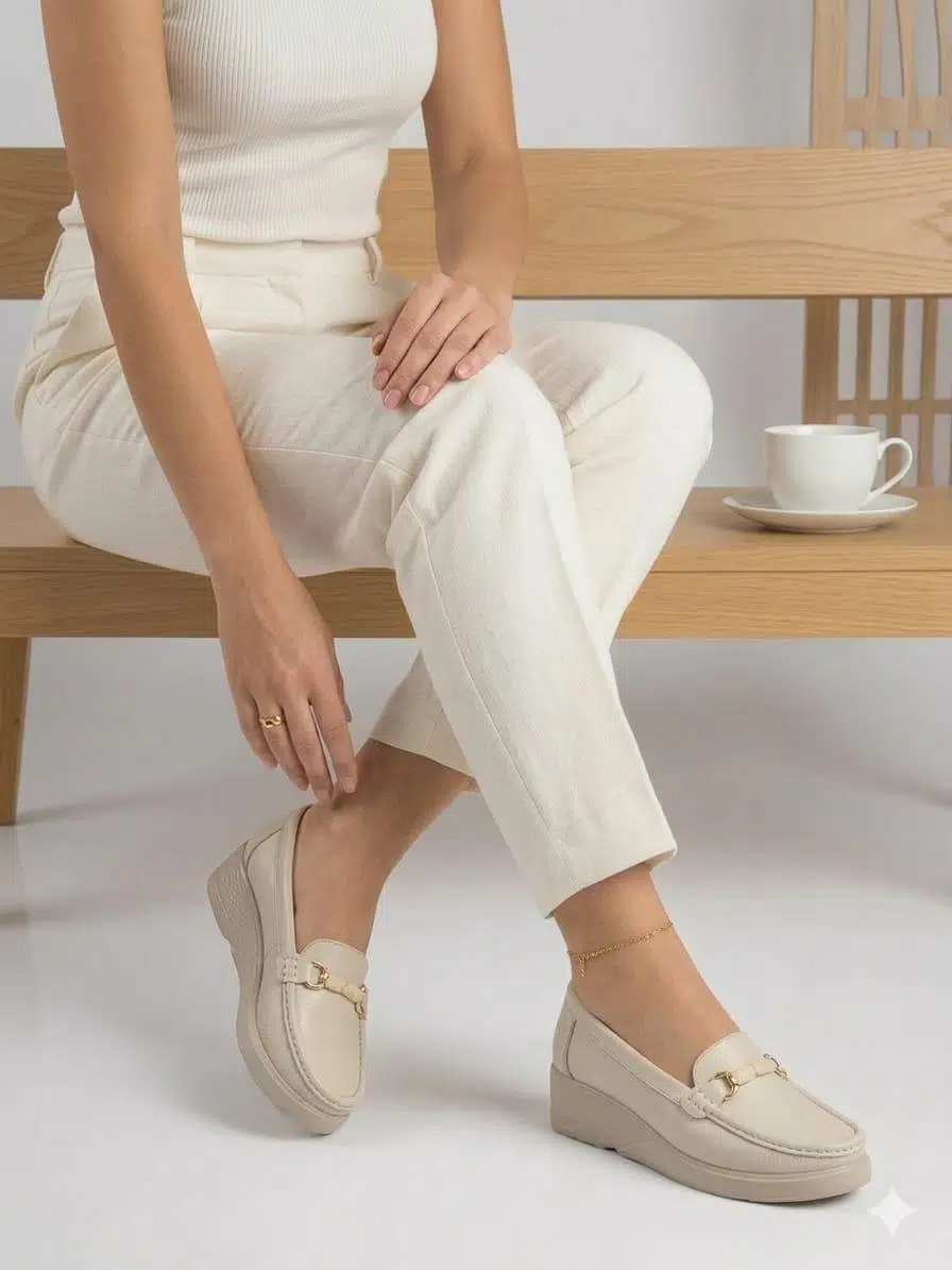 Büyük Numara Hakiki Deri Ortepedik Comfort Tokalı Kadın Ayakkabı - Bej / Krem