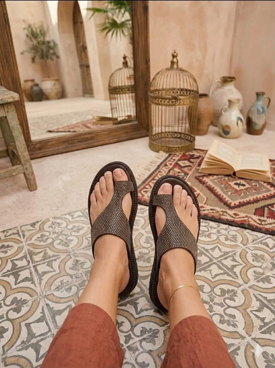 Büyük Numara Kadın Taşlı Süet Deri Parmak Arası Terlik - Kahve